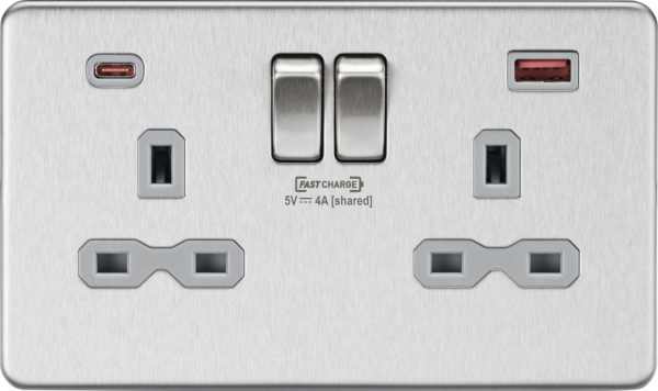 13A 2G DP Switched Socket with Dual USB A+C 12V DC 1.5A [Max. 18W] - Brushed Chrome with Grey Insert