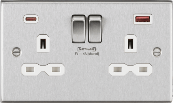13A 2G DP Switched Socket with Dual USB A+C 12V DC 1.5A [Max. 18W] - Brushed Chrome w/White Insert