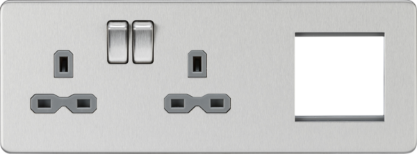 13A 2G DP Socket + 2G Modular Combination Plate - Brushed Chrome with Grey Insert