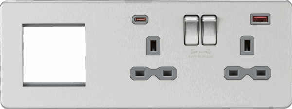 13A 2G DP Socket +2G Modular + Dual USB A+C 12V DC 1.5A (Max. 18W) - Brushed Chrome w/Grey Insert