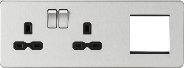 13A 2G DP Socket + 2G Modular Combination Plate - Brushed Chrome with Black Insert