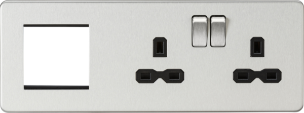 13A 2G DP Socket + 2G Modular Combination Plate - Brushed Chrome with Black Insert