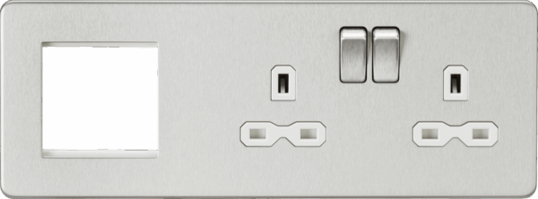13A 2G DP Socket + 2G Modular Combination Plate - Brushed Chrome with White Insert