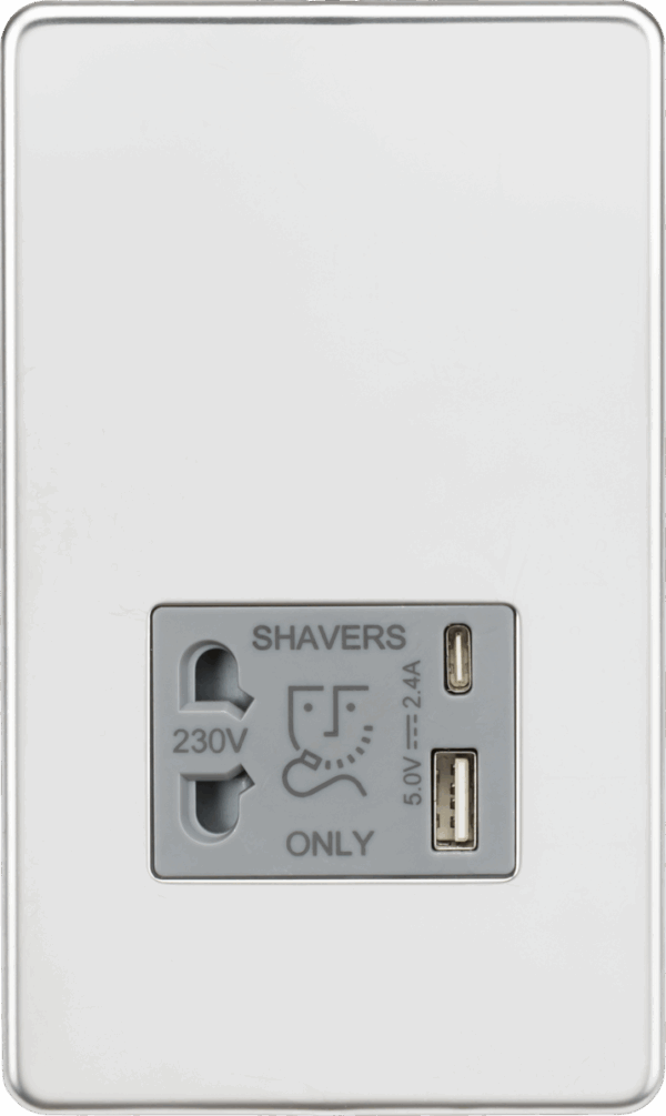 230V Shaver Socket with Dual USB A+C [5V DC 2.4A shared] - Polished Chrome with Grey Insert