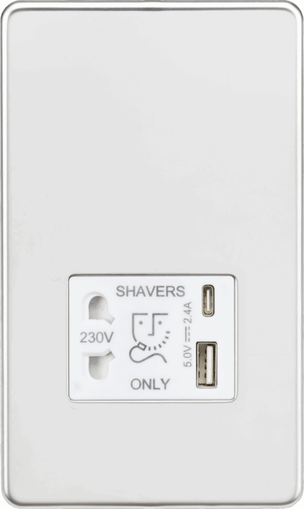 230V Shaver Socket with Dual USB A+C [5V DC 2.4A shared] - Polished Chrome with White Insert