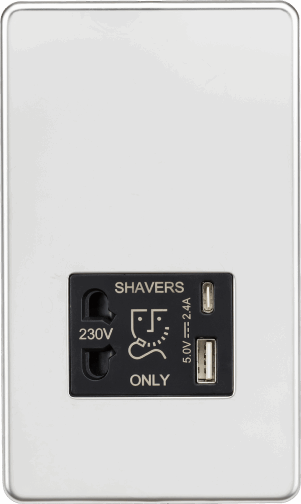 230V Shaver Socket with Dual USB A+C [5V DC 2.4A shared] - Polished Chrome with Black Insert